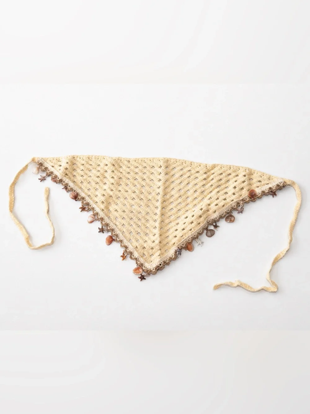 Boho Coastal Crochet Triangle Head Scarf Shell Charm Bandana Cream Beachcore
